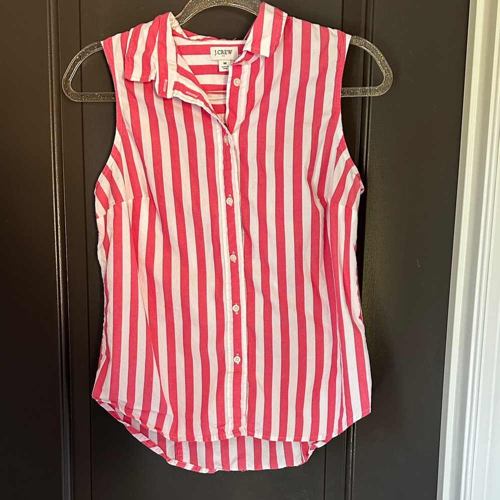 J. Crew Pink and White Sleeveless Button-Down Stripe Shirt
